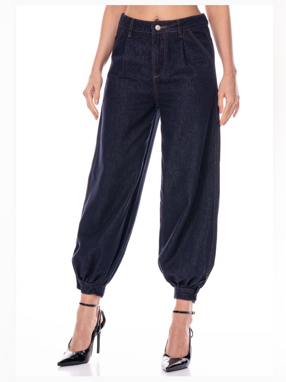 Elegant Barrel Leg Denim Jogger Pants | Dark Wash | SM136